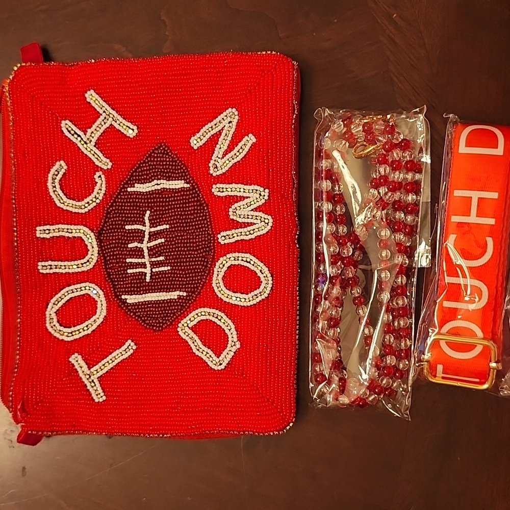 Red Beaded Footall GameDay Touchdown Purse With TWO Interchangeable Straps